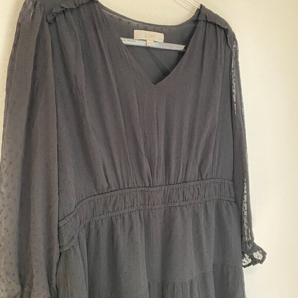 Loft Petite Black Clip Dot Long Sleeve Smocked Waist Dress Size 16P - Picture 10 of 11